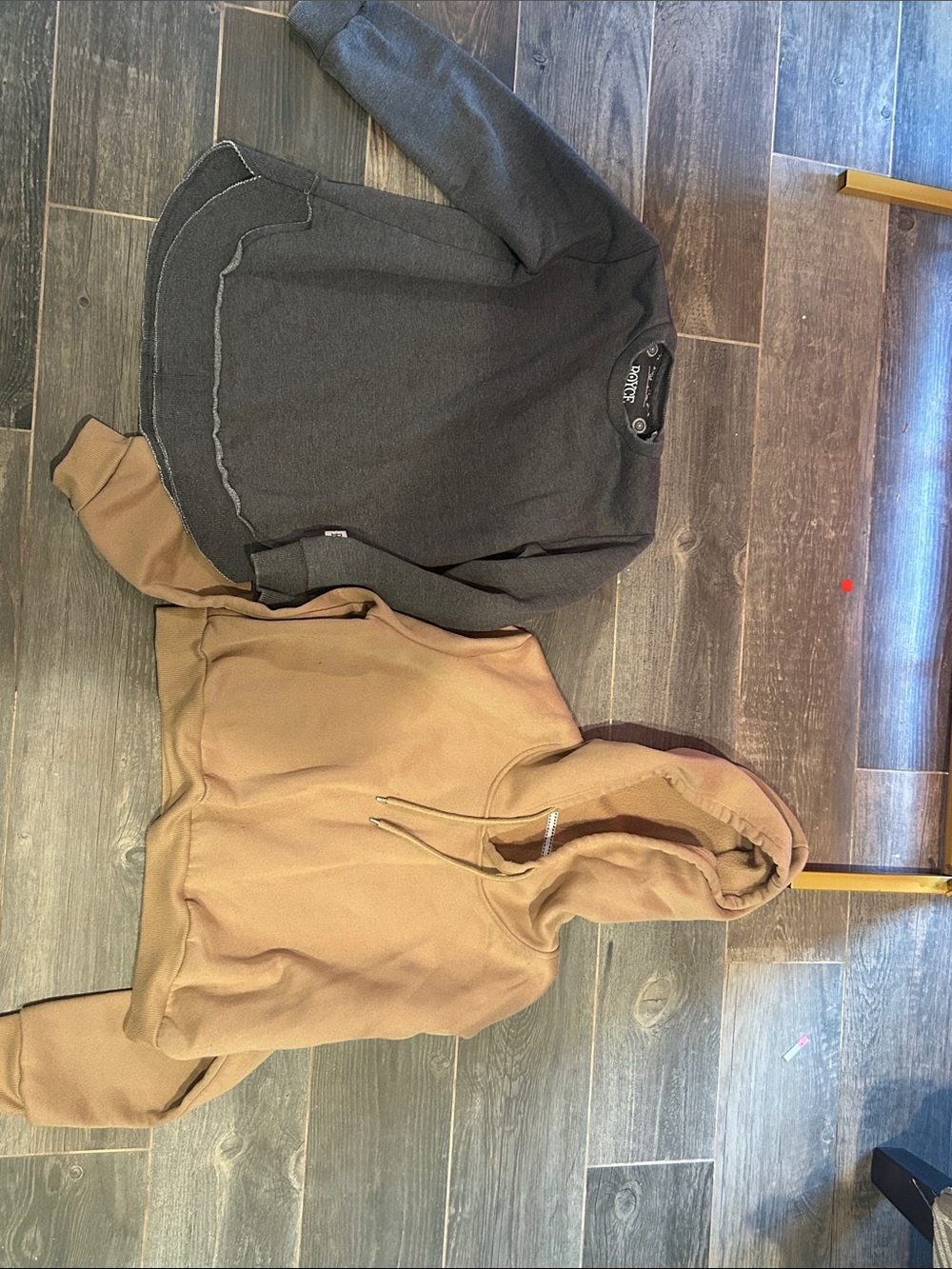 Tan Hoodie and Grey Sweatshirt